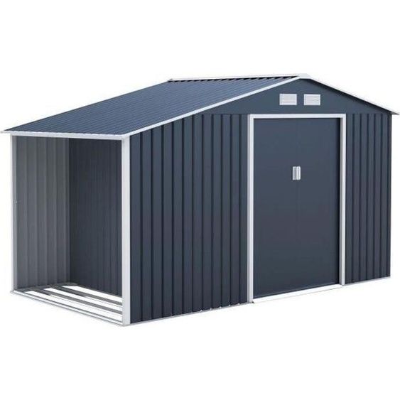 Abri de jardin en métal, 6,53 m², 342 x 191 x 202 cm, Abri bûches, Kit dancrage inclus, 2 portes coulissantes, Gris