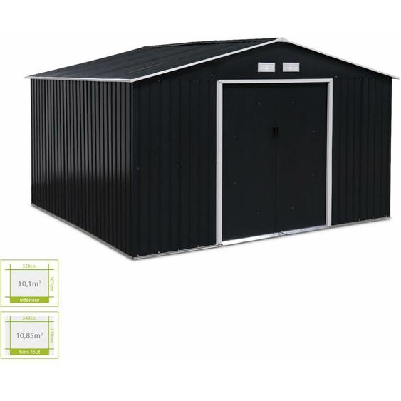 Abri de jardin en métal - Boulonnais - 10.85m² gris anthracite et blanc - Cabane à outils avec deux portes coulissantes. kit de fixation sol inclus.