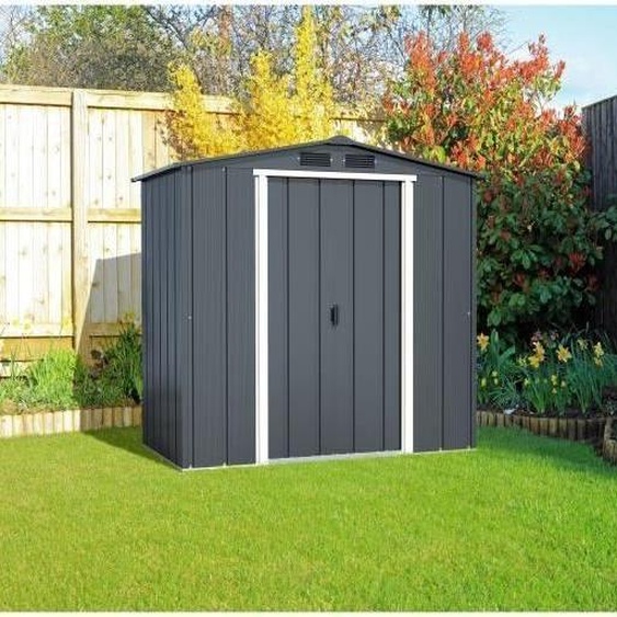 Abri de Jardin Métal DURAMAX, 2,47 m², 0,33 mm, Anthracite, Kit dAncrage, Double Porte Coulissante