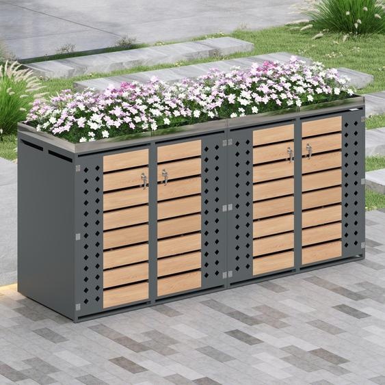 Abri pour 2 poubelles Merax avec bac à fleurs et portes perforées en forme de losange, habillage pour poubelles avec grain de bois, verrouillable, doubles portes pour le jardin