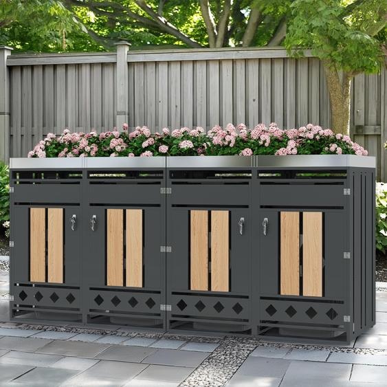 Abri pour 2 poubelles Merax avec bac à fleurs, habillage pour poubelles avec grain de bois vertical et fond perforé, 2 compartiments, verrouillable, usage extérieur