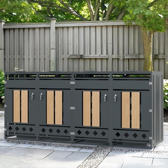 Abri pour 2 poubelles Merax avec couvercle rabattable, habillage pour poubelles avec grain de bois vertical et fond en forme de losange, 2 compartiments, verrouillable, pour lextérieur