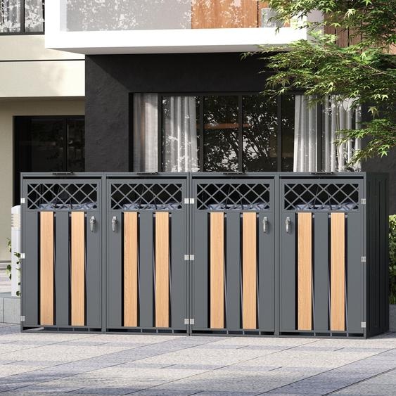 Abri pour 2 poubelles Merax avec couvercle rabattable, verrouillable, habillage pour poubelles avec 2 portes en acier, ventilation en losange, aspect bois gris