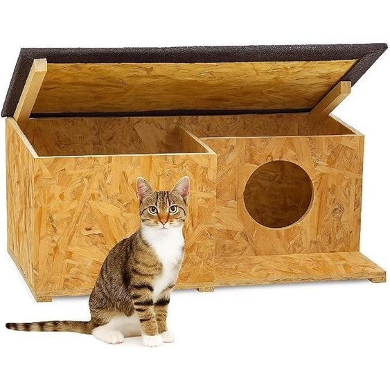 Abri pour chat en panneaux de bois OSB avec toit amovible, dimensions 59 x 37 cm, couleur marron. Construction résistante aux intempéries avec toit en bitume. Ouverture dentrée de 13 cm. Prêt à être installé pour une utilisation en extérieur