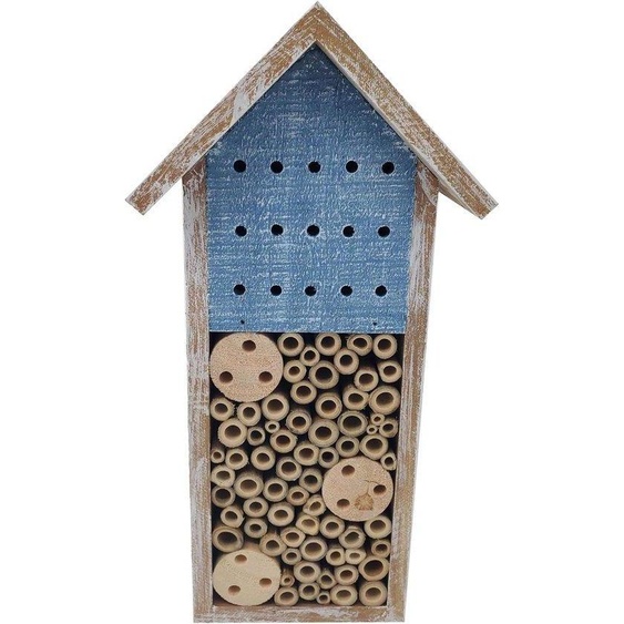 Abri pour insectes en bois duvre écologique et neutre en carbone et en bambou, 15 x 30 x 13 cm, teinté bleu-gris foncé.