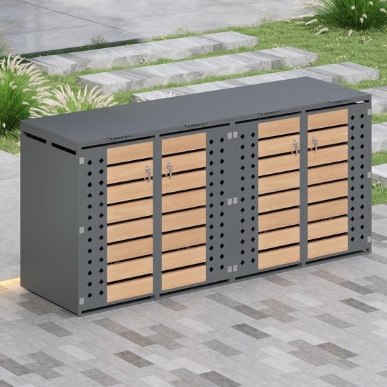 Abri pour poubelles Merax 2 places avec couvercle rabattable, découpes latérales en forme de losange, grain de bois horizontal, verrouillable, 2 compartiments pour le jardin et la cour