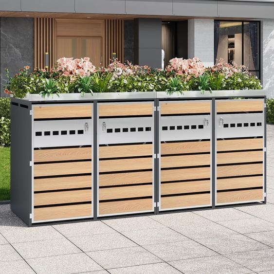 Abri pour poubelles Merax 2 places avec jardinière et 2 compartiments, habillage pour poubelles aspect bois et acier, aéré et verrouillable pour le jardin/lextérieur