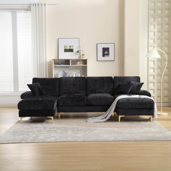 Abrihome Canapé dangle sectionnel en U Canapé pour 4 personnes avec fonction de couchage, chenille - noir