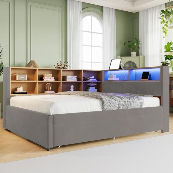 Abrihome Canapé-lit 140×200cm avec lit gigogne et prise USB, lit rembourré avec bibliothèque et armoire de rangement, gris foncé