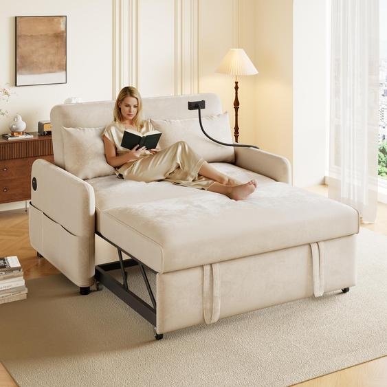 Abrihome Canapé-lit 2 places avec fonction sommeil, prise USB et support pour téléphone portable, beige