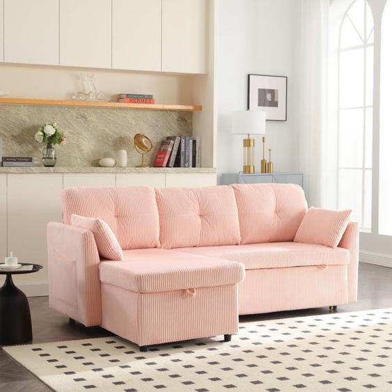 Abrihome  Canapé Sectionnel 3 en 1 en L avec Siège Inclinable Réversible et Rangement Intégré, Convertible en Lit - Rose