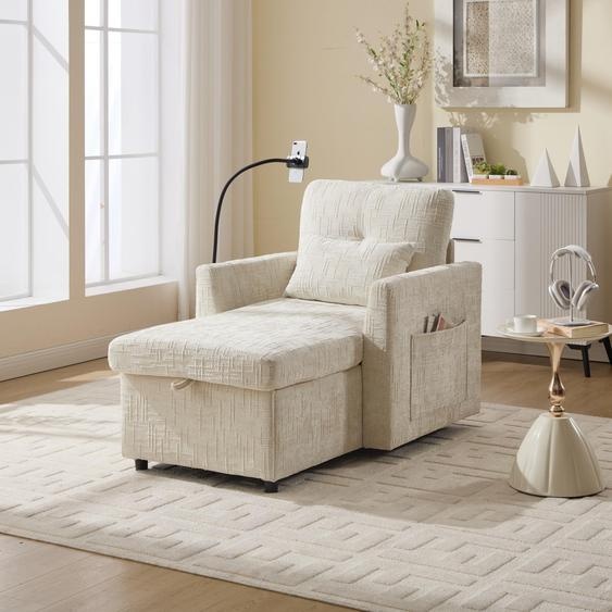 Abrihome Fauteuil de relaxation Fauteuil-lit avec dossier rabattable et support pour téléphone portable, Chenille Fauteuil de relaxation avec espace de rangement - Beige
