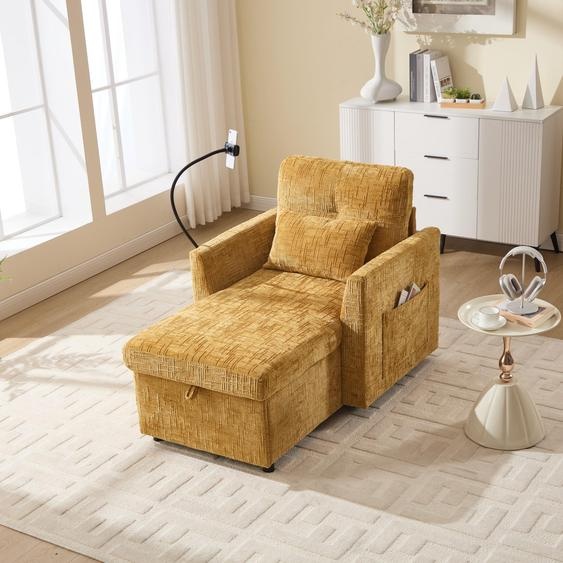 Abrihome Fauteuil de relaxation Fauteuil-lit avec dossier rabattable et support pour téléphone portable, Chenille Fauteuil de relaxation avec espace de rangement - Jaune