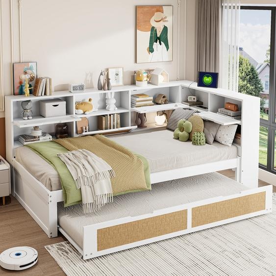 Abrihome Lit de jour 90x200cm Canapé-lit avec lit gigogne 90x190cm, bibliothèque et armoire de rangement avec sommier à lattes, blanc