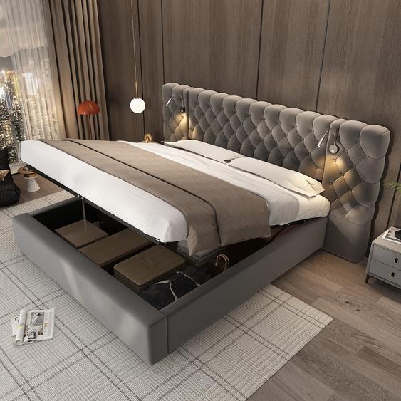 Abrihome Lit rembourré 160x200 cm avec espace de rangement, lit double en velours hydraulique avec éclairage LED, gris