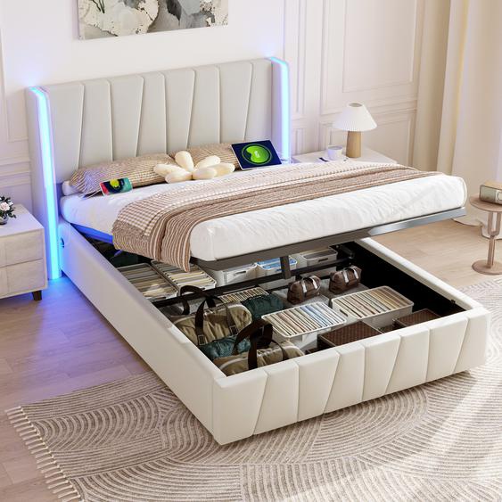 Abrihome Lit rembourré 160x200cm avec LED et USB, lit boxspring hydraulique avec sommier à lattes et espace de rangement, lit double pour adolescents, tissu velours, beige