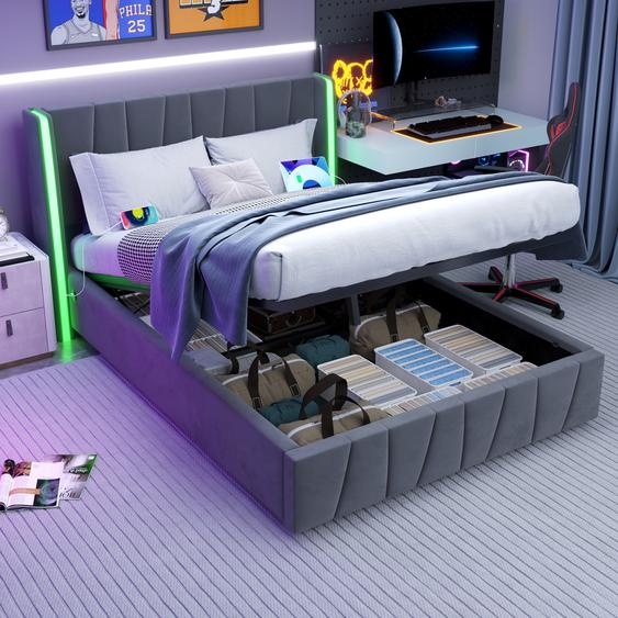 Abrihome Lit rembourré 160x200cm avec LED et USB, lit boxspring hydraulique avec sommier à lattes et espace de rangement, lit double pour adolescents, tissu velours, gris