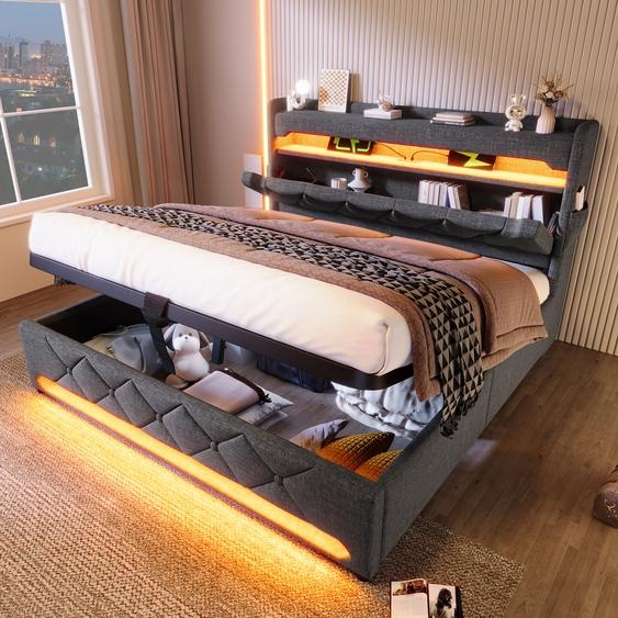 Abrihome Lit rembourré 160x200cm avec USB et port type C, lit de rangement pour adolescents avec LED, lits avec rangement hydraulique, lin, gris(Sans matelas)