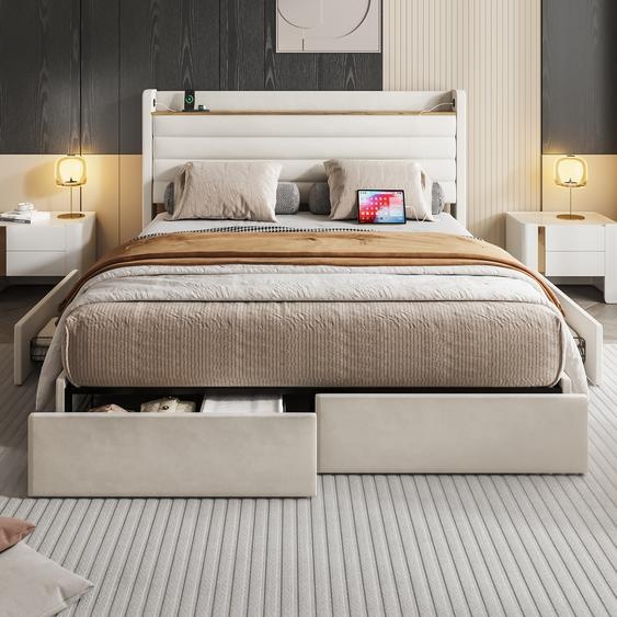 Abrihome Lit rembourré 160x200cm lit de rangement avec USB et 4 tiroirs, lit double pour adolescents avec sommier à lattes, velours, beige