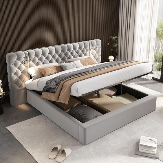 Abrihome Lit rembourré 180x200 cm avec espace de rangement, lit double en velours hydraulique avec éclairage LED, gris