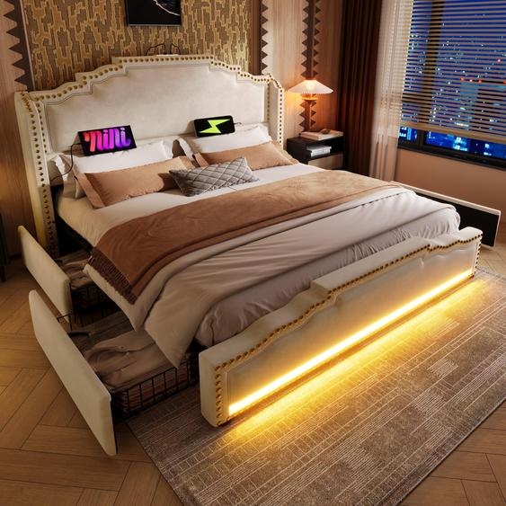 Abrihome Lit rembourré 180x200cm avec LED et USB, velours - lit double de rangement avec 4 tiroirs, beige