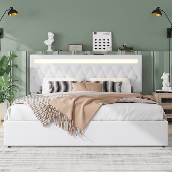 Abrihome Lit rembourré 180x200cm avec USB et lumière dambiance LED, lit boxspring hydraulique avec espace de rangement, lin, blanc Lit double