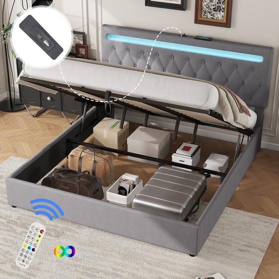 Abrihome Lit rembourré 180x200cm avec USB et lumière dambiance LED, lit boxspring hydraulique avec espace de rangement, lin, gris Lit double