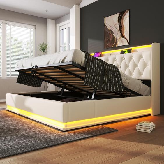 Abrihome Lit rembourré 180x200cm lit double avec fonction de chargement USB&Type-c, lit de rangement hydraulique avec LED, blanc(sans matelas)