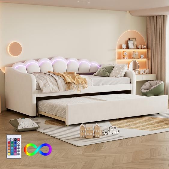 Abrihome Lit rembourré 90x200cm lit simple avec sommier extensible, lit de jour avec sommier à lattes et lumière dambiance changeant de couleur,Beige