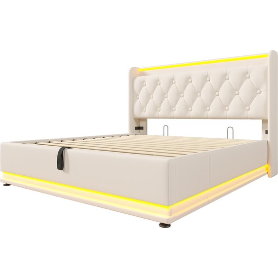 Abrihome Lit rembourré Lit dadolescent 140x200cm avec fonction de chargement USB&Type-c, Lit de rangement hydraulique Lit double avec LED, Blanc(Sans matelas)