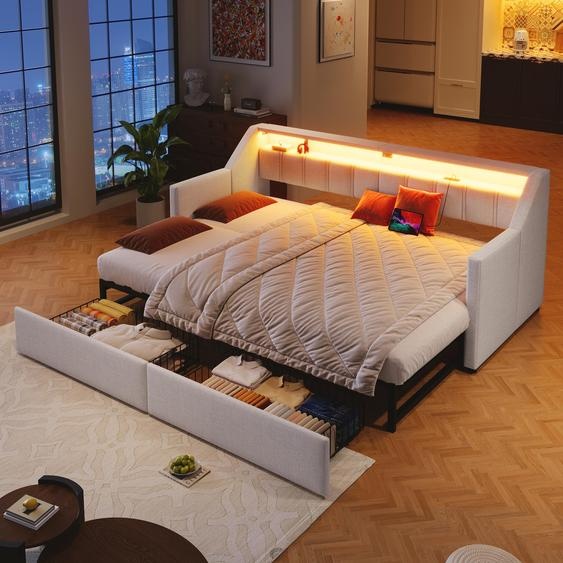 Abrihome lit rembourré lit de jour 90x200cm avec lit gigogne et 2 tiroirs, canapé-lit avec LED et connexion USB, beige