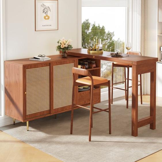 Abrihome Table de bar rotative 360° avec porte en rotin et étagères ouvertes - 107 x 40 x 71,4 cm - Marron