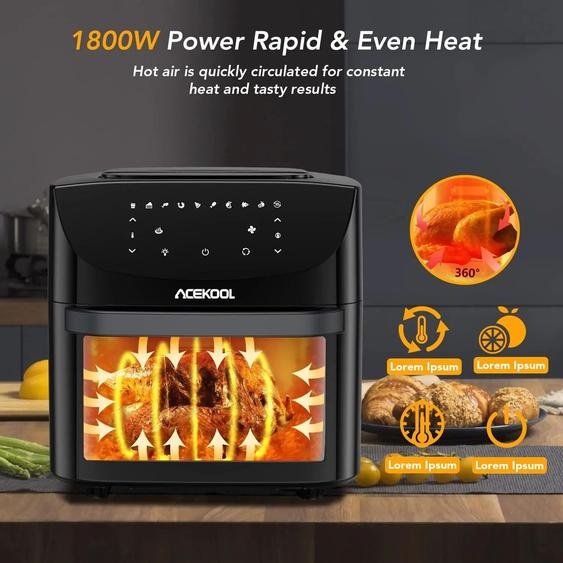 acekool Four à friture sans huile 18L, 1500W, four à convection de comptoir 8-en-1, friture, cuisson, rôtissage, grillade, déshydratation, multicuiseur numérique sans huile