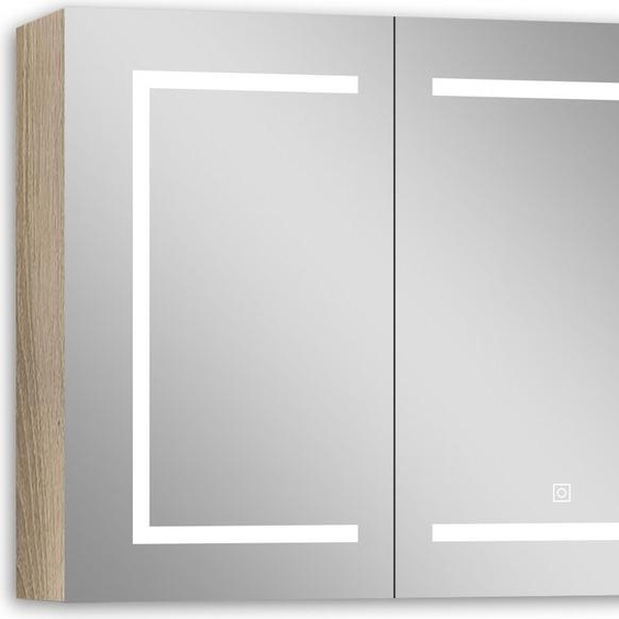 Acezanble Armoire Miroir Salle de Bain LED, 80x70cm avec Prise Rasoir+Anti-Buée+3 Tons LED+armoire latérale, chêne