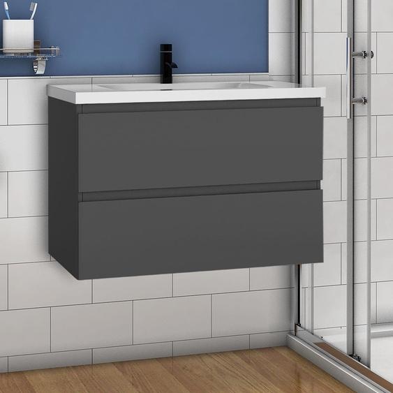Acezanble Lavabo avec meuble sous vasque, à poser, en céramique, ensemble de meubles de salle de bains, Suspendu, Matte, Anthracit, 79 cm