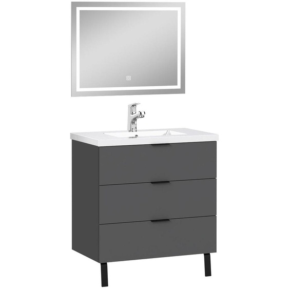 Acezanble Meuble Salle de Bain Anthracite Mat 79cm - 3 Tiroirs et Vasque, miroir led, MDF