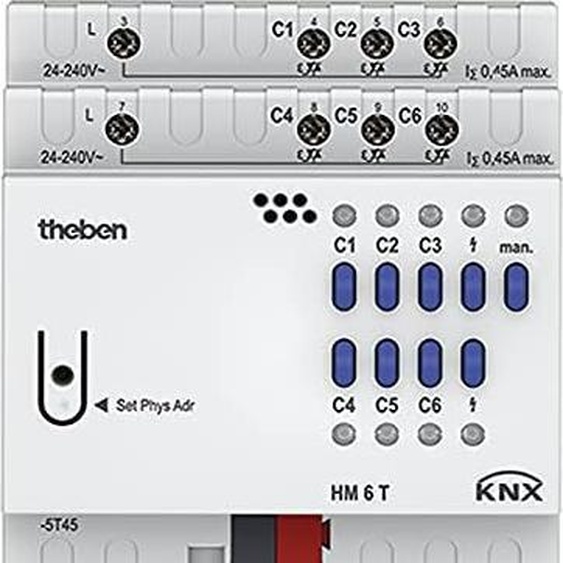 Actionneur de chauffage Theben HM 6 T KNX pour 6 circuits de chauffage avec thermostat. Servomoteurs