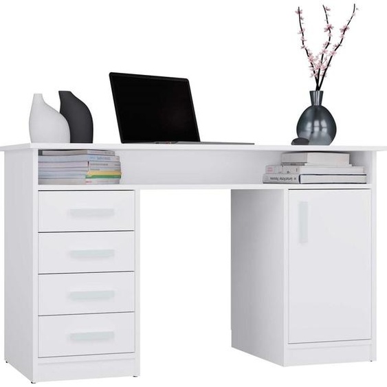 ADA WHITE Bureau 125 cm 4 Tiroirs Armoire Etagères Bureau Ordinateur Portable Chambre