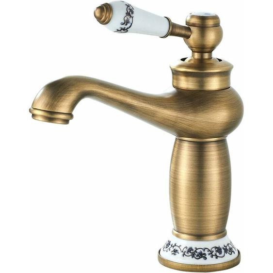 Robinet Rétro Salle de Bain,Robinet de Lavabo Poignée en Céramique Mitigeur Monocommande Lavabo,Robinet Salle Bain Eau Chaude et Froide, Laiton ,kzq