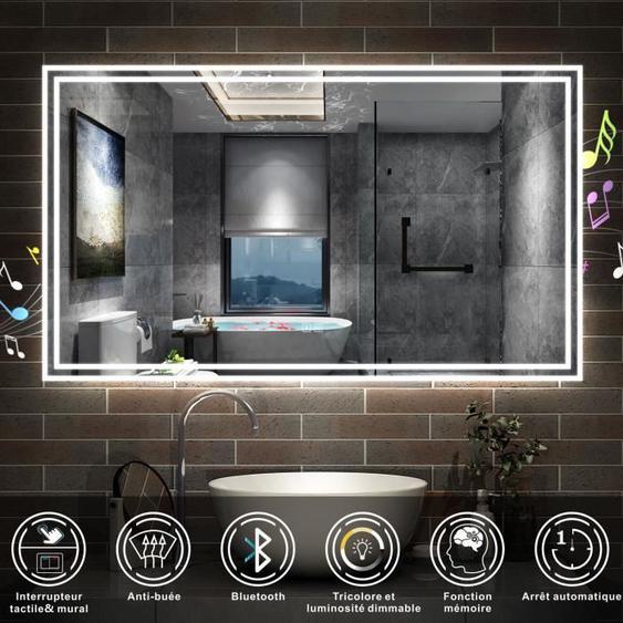 AICA Miroir de salle de bain Bluetooth LED 140x80cm avec lumière tricolore dimmable + mémoire + anti-buée, IP44