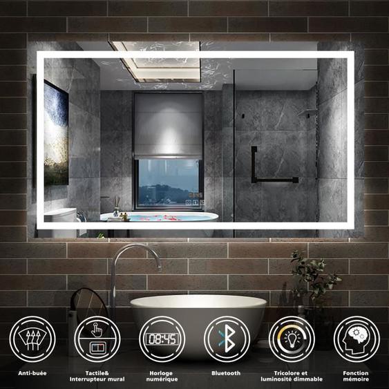 AICA Miroir de salle de bain LED Bluetooth 160x80 cm, tricolore + horloge + mémoire + dimmable + anti-buée