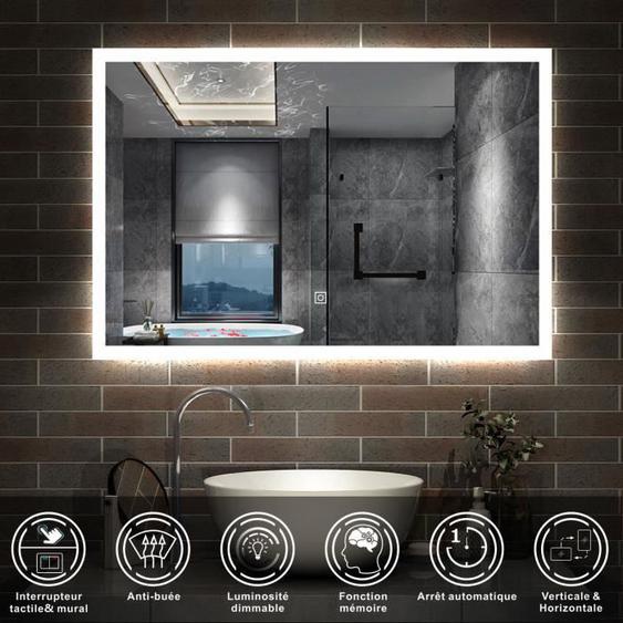 AICA Miroir lumineux à LED, 120x70cm, dimmable, avec mémoire et anti-buée, IP44, horizontal-vertical, blanc froid