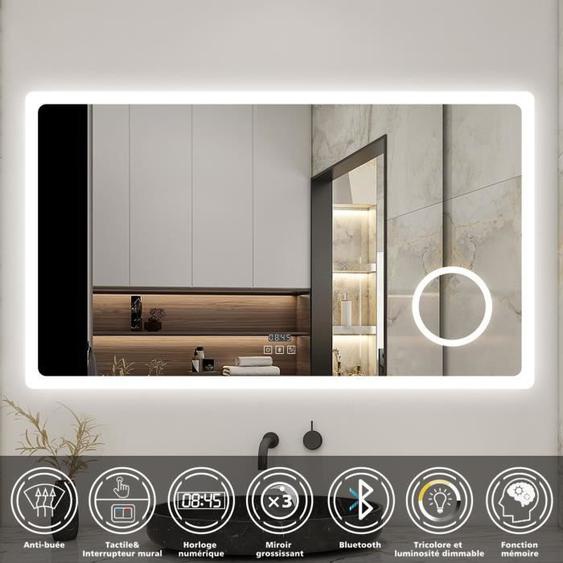 AICA Miroir lumineux Horloge + loupe + bluetooth + tricolore + anti-buée 120x70cm salle de bain-dimmable,mémoire,tactile,led