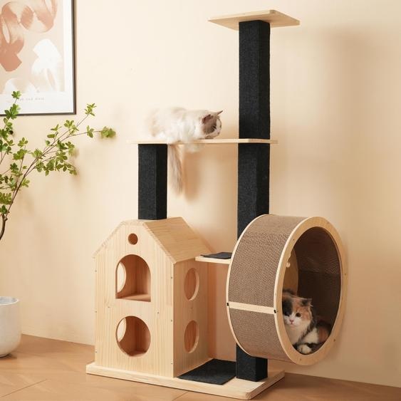 AIORBER Arbre à chat en bois massif avec roue dexercice, 4 plates-formes, 2 maisons, poteaux en sisal & tapis à griffer lavables - Natural