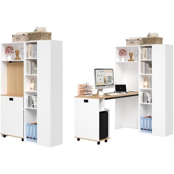 AIORBER Bureau pliable avec étagère, table dordinateur 2 en 1 avec prise électrique & USB, réglable en hauteur, anti-basculement, gain de place, blanc