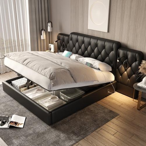 AIORBER Cadre de lit,180x200cm,avec tête de lit rallongée,prises USB&lampes de lecture,lit hydraulique avec espace de rangement,cadre en fer avec lattes en bois, noir