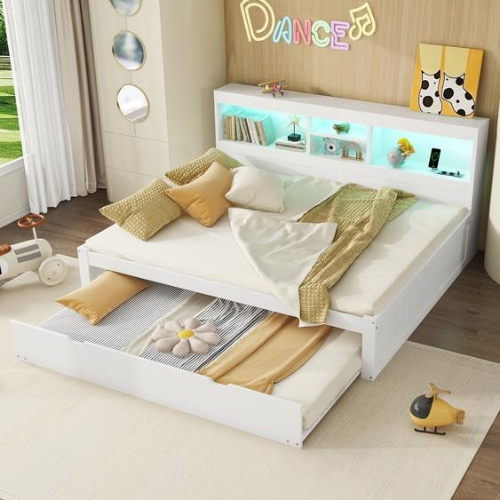 AIORBER Canapé-lit, 140x200cm, lit extensible design, avec éclairage dambiance, prise USB, pour chambre denfant, chambre damis, blanc (sans matelas)