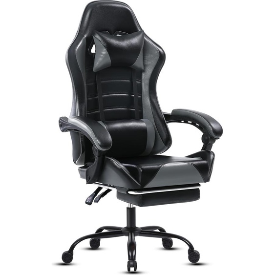 AIORBER Chaise de jeu, cuir PU, avec repose-pieds,réglable, avec roulettes, ergonomique,chaise de bureau,pivotant à 360°, pour chambre,bureau, 65x65x123 cm, Gris