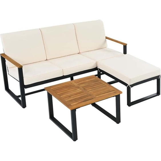 AIORBER Ensemble de meubles de jardin, salon dangle, canapé + table basse + tabouret de pied, tube dacier galvanisé,plateau de table en acacia, pour jardins, piscines, beige