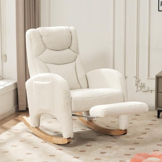 AIORBER Fauteuil à bascule, tissu Teddy, doux, cadre en bois, rembourré, capacité de charge 110 kg , fauteuil inclinable, pour salon, chambre à coucher, 66x125x101cm,Blanc